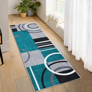 GARVEE Runner Rug 2x6 Modern Geometric Hallway Rug Non Slip Washable Rug Soft Contemporary Floor Carpet Low Pile Thin Rug Living Room Rug for Bedroom Kitchen, Turquoise