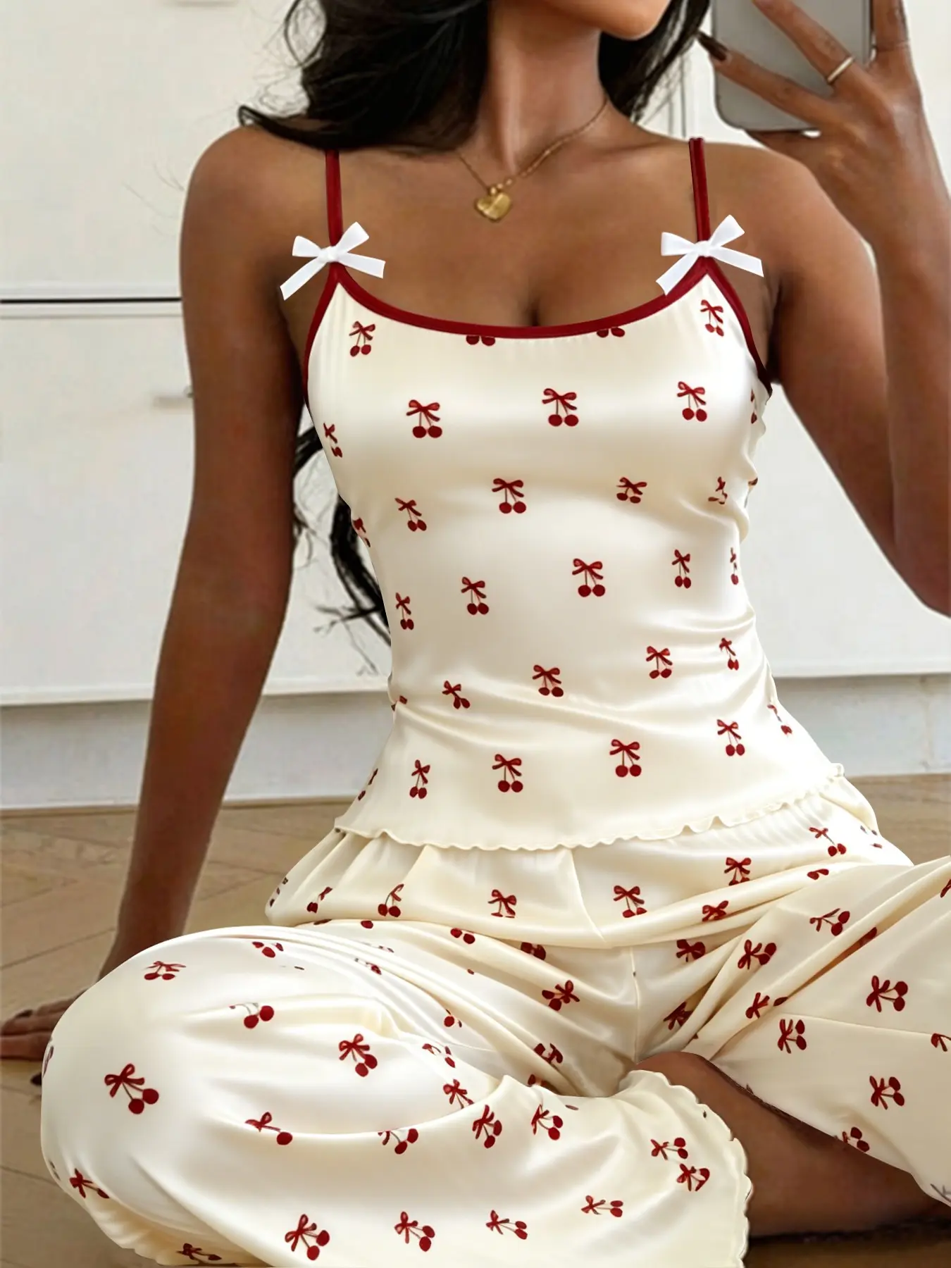 2-Piece Cute Cherry Print Strap Long Pants Pajama Set, Casual Slim-Fitting Pyjama Sets for All Seasons, Comfortable Sleepwear