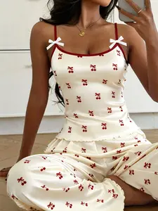 2-Piece Cute Cherry Print Strap Long Pants Pajama Set, Casual Slim-Fitting Pyjama Sets for All Seasons, Comfortable Sleepwear