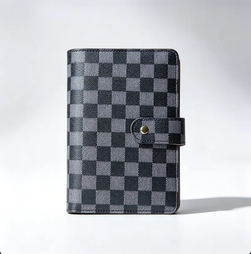 A6 Checkered Leather 6 Ring Binder Planner Refillable Pocket Journal Portable Travel Daily Agenda Notebook with Card Slots Pen Holder, Compact Budget Organizer for Men Women Office School Work Daily Planning