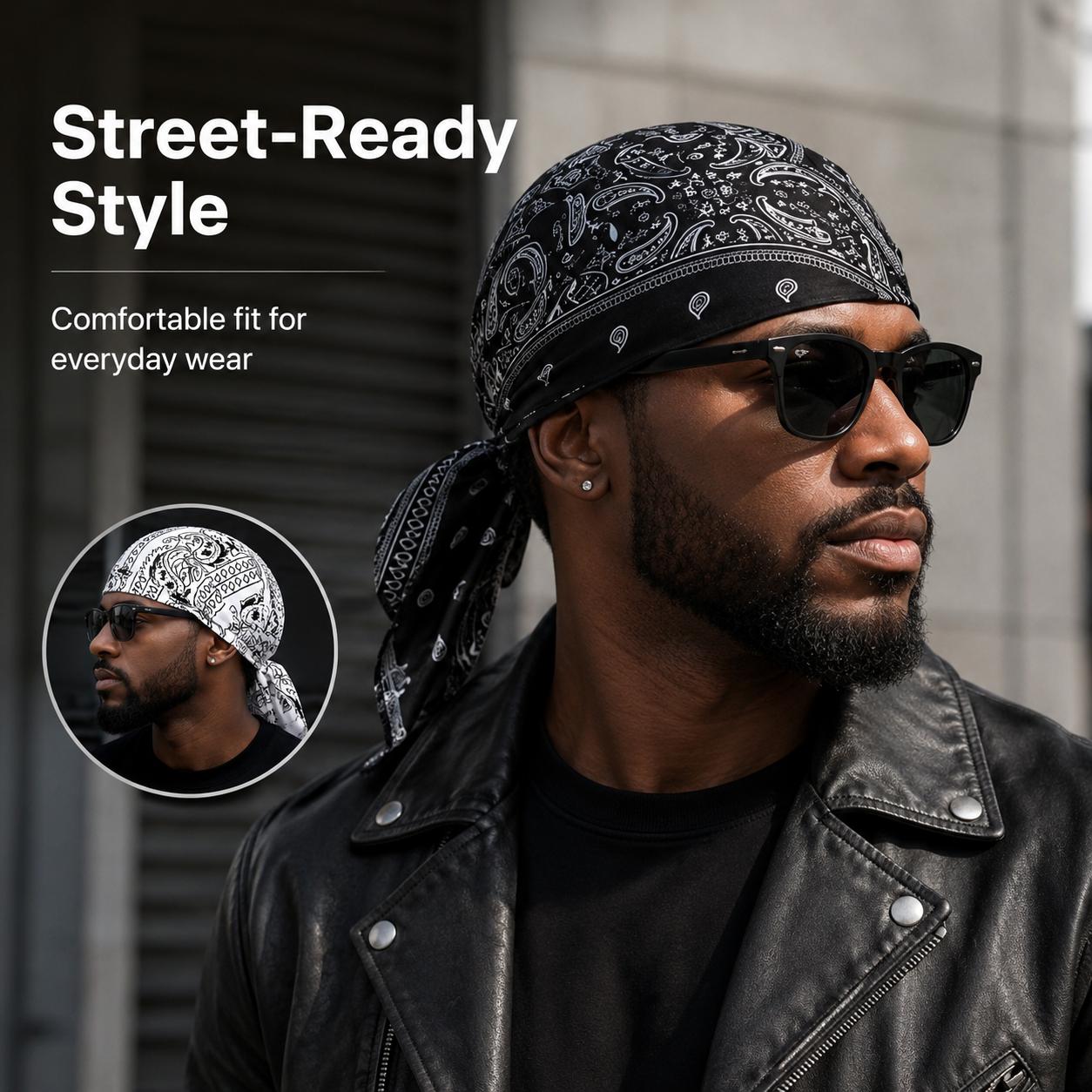 5 PCS Paisley Skull Cap Bandana Head Wraps for Men Women, Adjustable Tie Back Do Rag Headwear, Breathable Lightweight Biker Durag Caps for Motorcycle, Workout, Cycling, Running, Outdoor Sports & Daily Wear