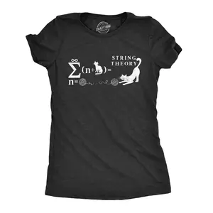 Womens String Theory T Shirt Funny Cat Math Science Nerdy Tee Funny Womens T Shirts Cute Vintage Fashion Casual Ladies T-Shirt Gift Cat Tops for Women Funny Science Top Women's Novelty Tees Black