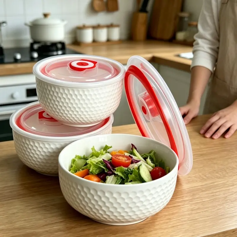 Ceramic Food Storage Bowls Set (3 Varying Sizes) with Airtight Lids, Microwave-Safe Bento Bowls for Home Refrigerator Use, Varying Size