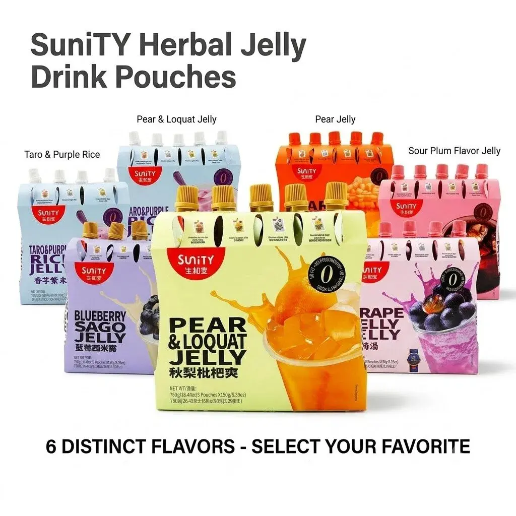 Sunity Herbal Fruit Jelly Drink Refreshing Pouches , 6 Flavors Available, 0 Fat & Low-Calorie Asian Traditional Dessert Style, Fruit & Tea Infused Jelly, 5 Pouches per Pack , (6 Unique Flavors: Pear, Grape, Blueberry, Taro, Plum, Loquat)