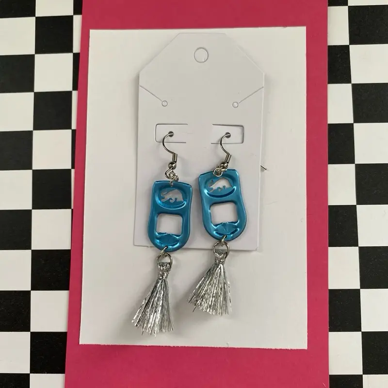 Blue Red Bull tab/silver tassel Earrings