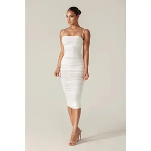 Justina Ruched Organza Mesh Midi Dress (Off White)