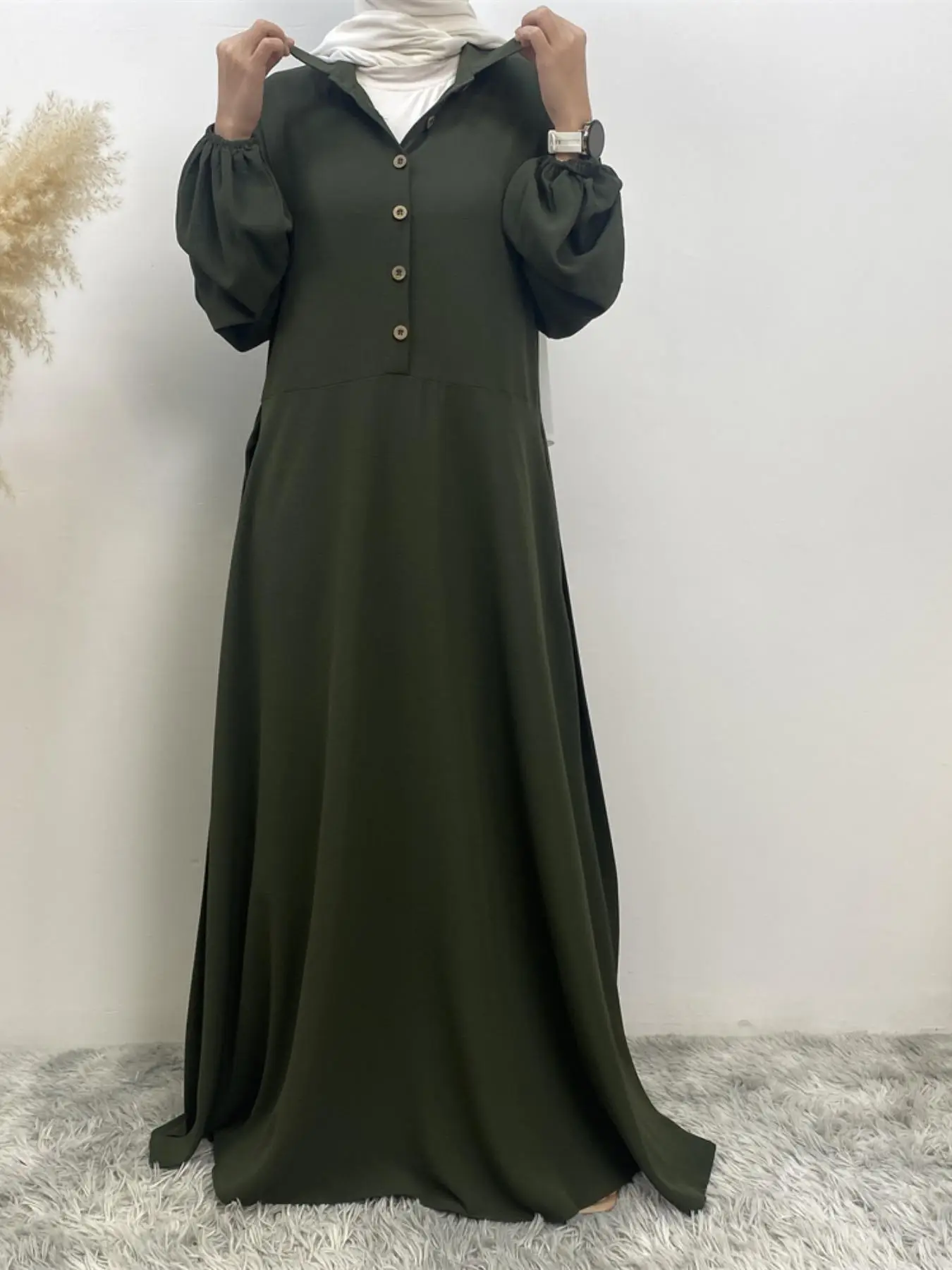 Women's Plain Button Front Belted Kaftan Dress, Casual Pocket Bishop Sleeve Collared Dress for Spring & Fall, Women's Islamic Clothing for Daily Wear