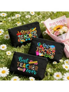 Happy Teacher's Day Best Teacher Ever Canvas Pouch, Teacher Appreciation Gift Zipper Bag, Reusable School Stationery Bag for Teachers