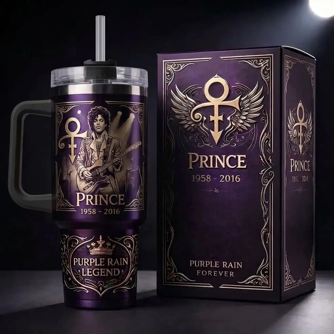 Prince 1958-2016 Tribute Tumbler, Limited Edition Purple Rain Legend Gold Engraved Travel Mug with Handle & Straw, Premium Vacuum Insulated Stainless Steel Cup, Iconic Musician Fan Collectible, Perfect Gift for Him or Her