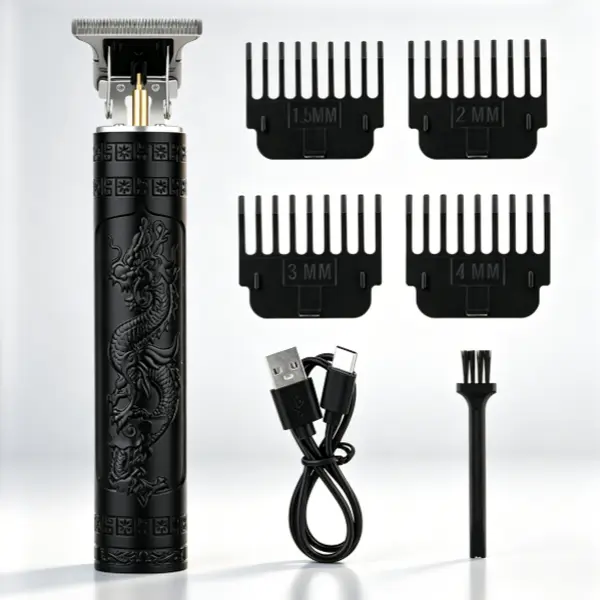 LQT Vintage Black Dragon Engraved T-Blade Hair Trimmer - 0-Gap Cordless Barber Detail Tool, USB Type-C Rechargeable Outline Shaver, 4 Size Guide Combs, Portable Professional Men’s Grooming Device