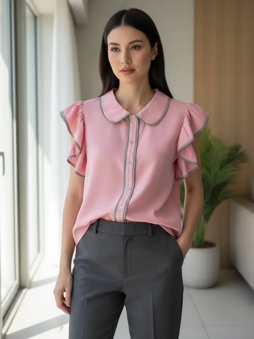 Pink Grace Line Top - Two Tone Flutter Sleeves Collar & Button Front Opening 100% Polyester Machine Washable Casual Blouse