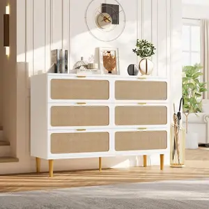 Rattan 6-Drawer Dresser - Wide Top Wooden Chest with Deep Storage for Bedroom/Kids Room/Living Room,White
