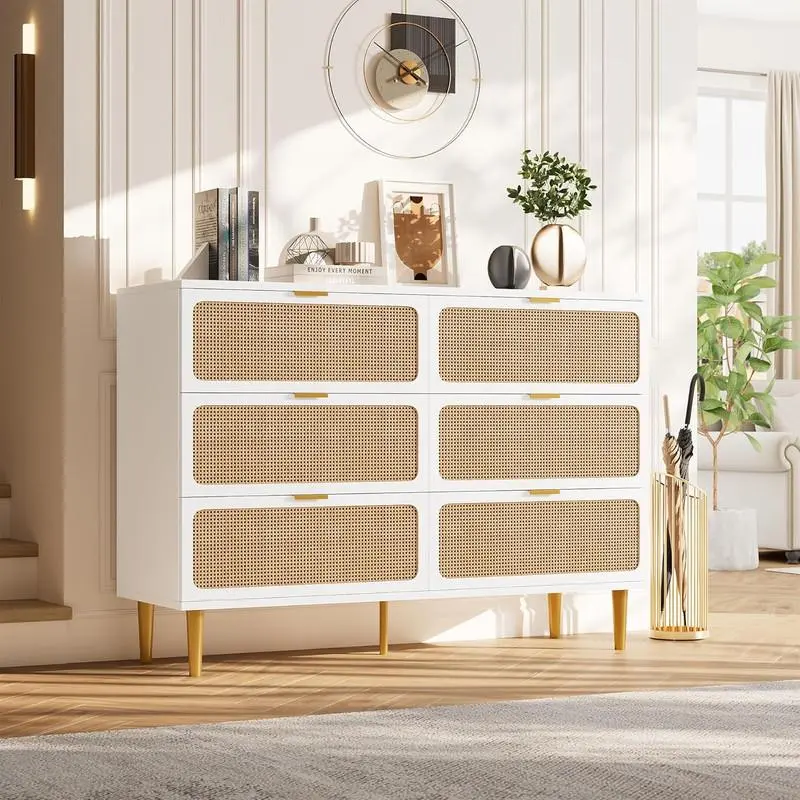 Natural Rattan Weave 6-Drawer Dresser - Wide Wooden Top Chest with Deep Drawers, Spacious Compartments, Woven Texture, Simple Look Indoor Storage Furniture for Bedroom, Kids Room