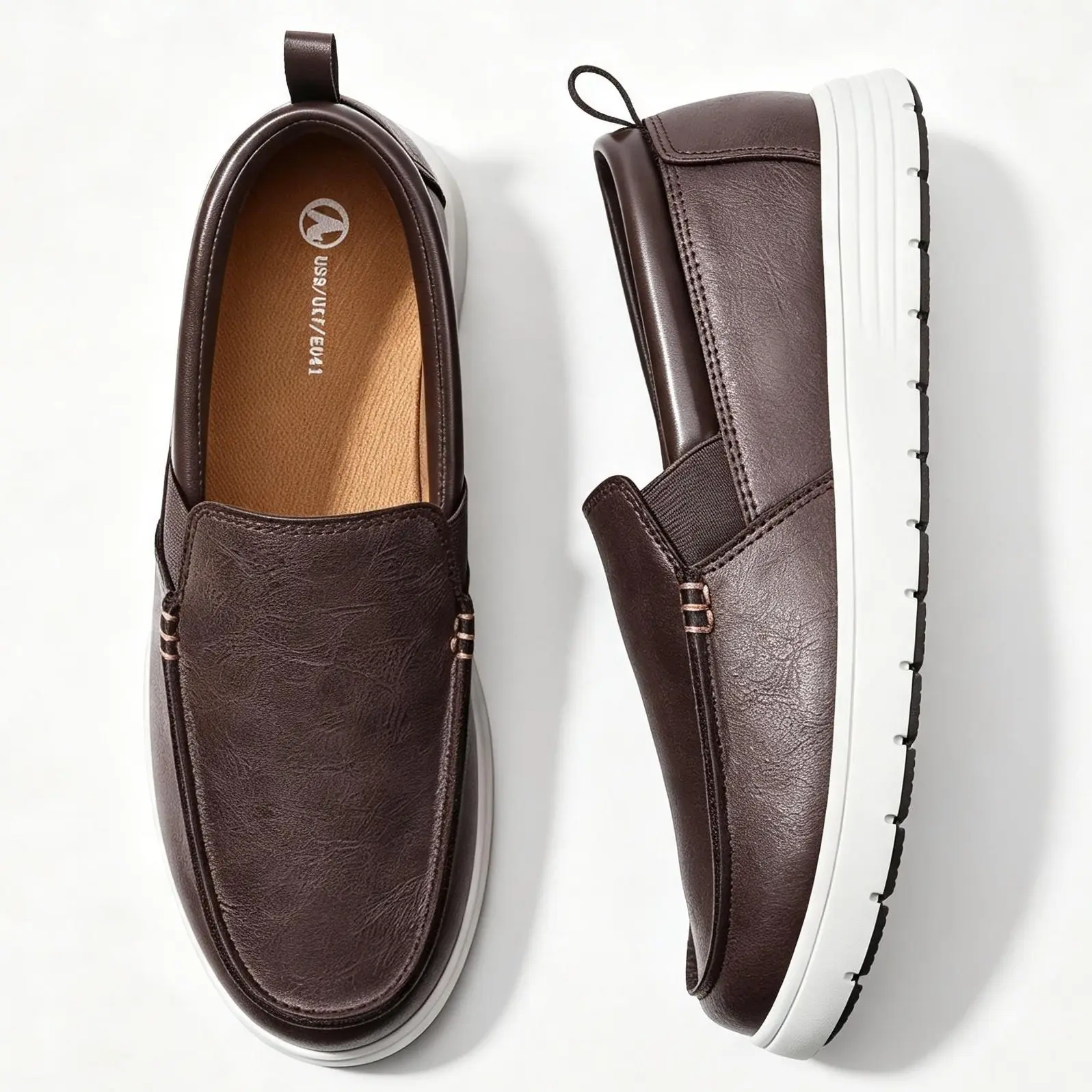 Men's Leather Slip-On Loafers - Round Toe, Plain Design, Non-Slip Rubber Sole, Lightweight Everyday Wear Shoes