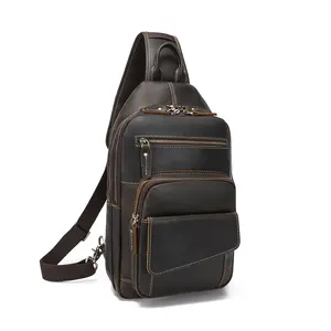 Vintage Full Grain Genuine Leather Casual Sling Bag For Men Hiking/Travel/Business Crossbody Chest Bag Fits 12.9 Inches iPad Daypack -Brown