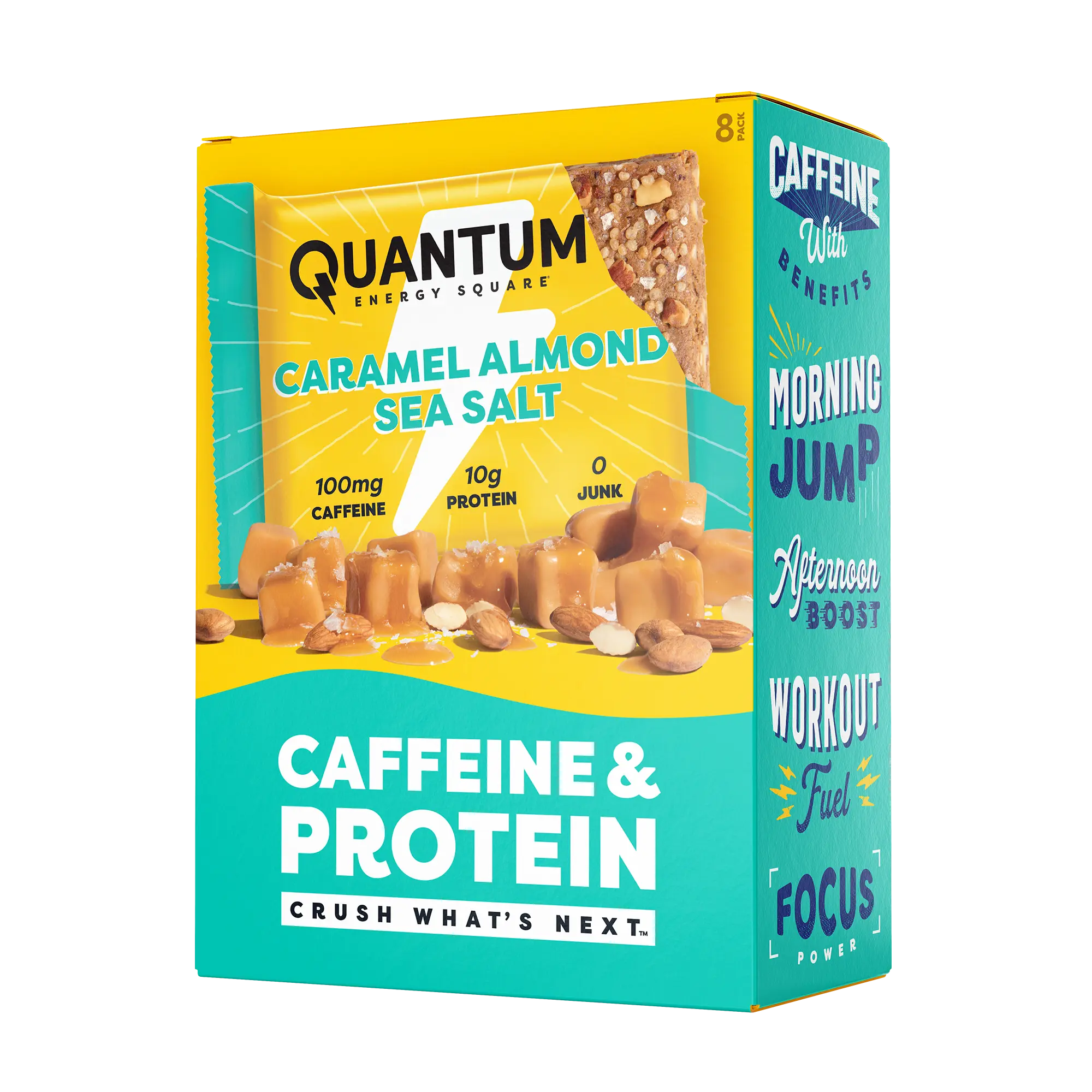 Quantum Energy Square Healthy Protein Energy Bars Caramel Almond Sea Salt 8Pk Snack - Organic Caffeine with Balanced Macronutrients, 10g Plant-Based Protein, Vegan, Gluten-Free, Non-GMO