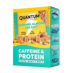 Quantum Energy Square Healthy Protein Energy Bars Caramel Almond Sea Salt 8Pk Snack - Organic Caffeine with Balanced Macronutrients, 10g Plant-Based Protein, Vegan, Gluten-Free, Non-GMO