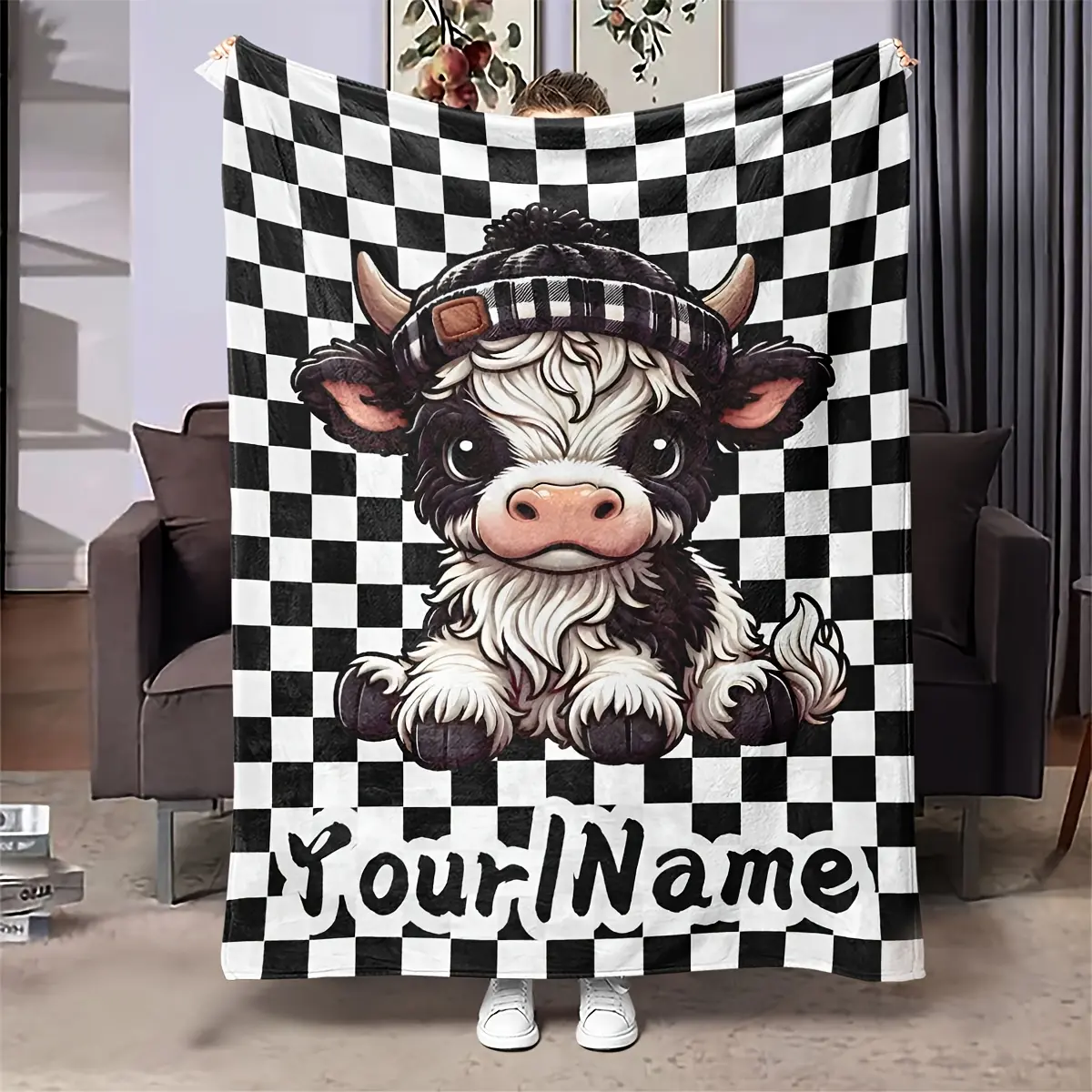 Customizable Checkered Yak Flannel Blanket - Personalized Name, All-Season Cozy Quilted Throw, Digital Print, Polyester, Contemporary Animal Theme, Lightweight Warmth