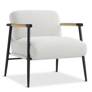Mid Century Modern Accent Chair with Spring Foam Cushion,Teddy Sherpa Fabric Armchair with Wooden Armrests & Sturdy Metal Frame, Comfy Reading Chair for Living Room Bedroom, 330 LBS Weight Capacity