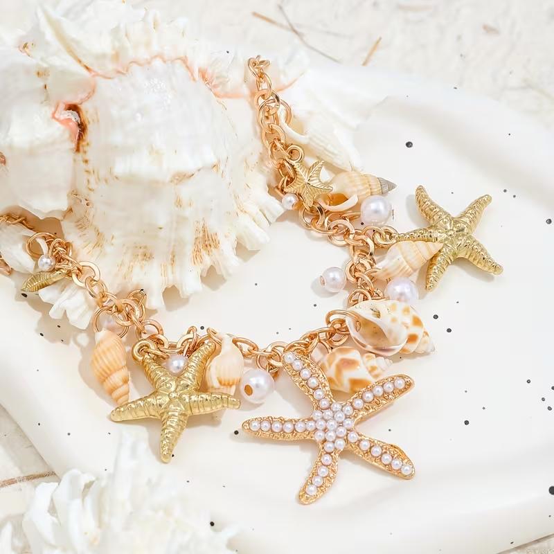 Boho Beach Shell Anklet for Women, Gold Tone Starfish Conch Charm Ankle Bracelet with Faux Pearl, Adjustable Summer Vacation Jewelry for Beach, Travel & Resort Outfits Boho Beach Shell Anklet for Women, Gold Tone Starfish Conch Charm Ankle Bracelet with Faux Pearl, Adjustable Summer Vacation Jewelry for Beach, Travel & Resort Outfits