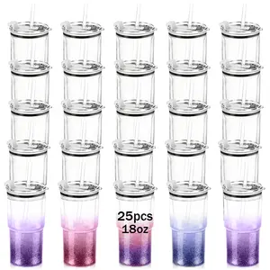 HILAKE 25pcs 18Oz Sports Cups, Fitness water bottle, Snow Globe Tumbler Cup with Lids & Straws, Pre-Drilled Double Wall Acrylic Plastic Snowglobe Tumblers with Hole and Plug for DIY Liquid, Suitable For Christmas, Birthdays, Parties, New Year