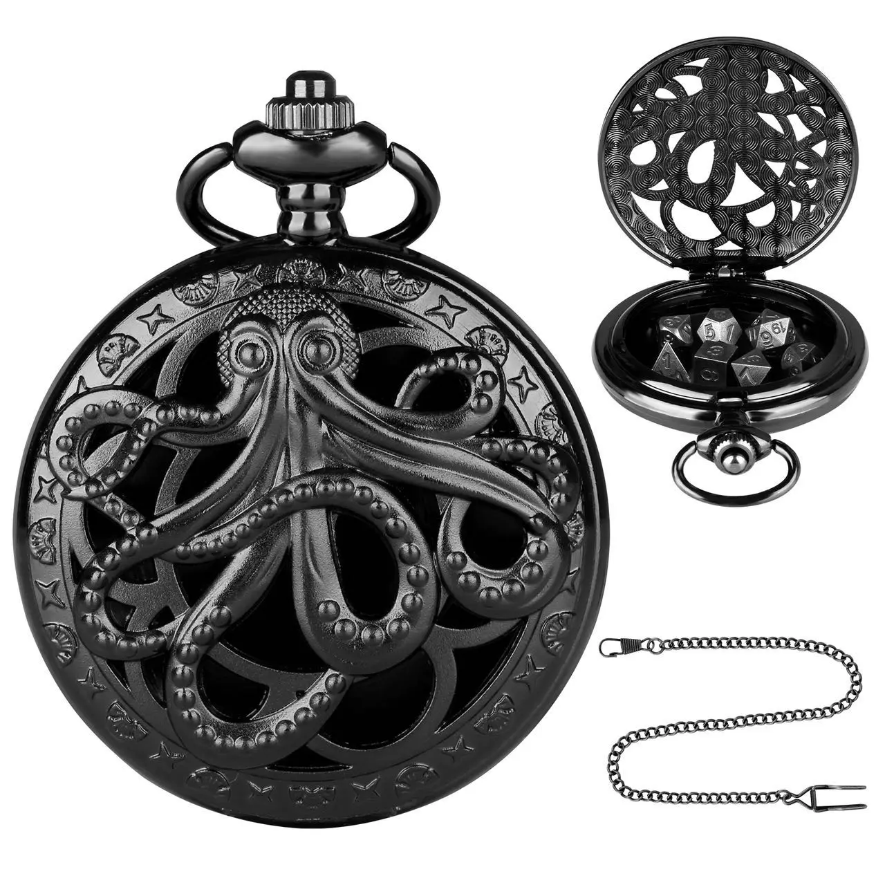 Mini DND Dice Set With Steampunk Hollow Octopus Pocket Watch Shell Case, 7pcs Polyhedral Metal Dice Set, D&D Gifts With Gift Box, Role Playing Board Games Accessories, Black