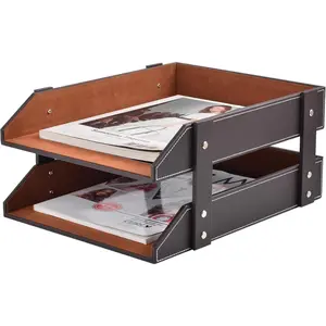 2-Tier Stackable Leather Desk Organizer Letter Tray Holder, Desktop Storage Box for Document Stationery Magazines Newspapers Letters Paper Sundries for Home Office, Coffee