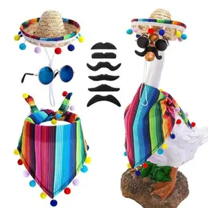 Lawn Goose Outfit Set, Striped Triangle Scarf, Straw Hat with Colorful Pom Poms, Glasses & Mustache, Funny Garden Patio Yard Decoration, Outdoor Lawn Ornament for Holiday Party