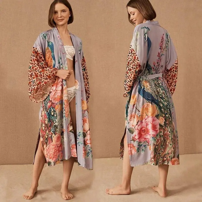 New Peacock Positioning Printed Cardigan Loose Coat Women's Nightgown Bath Robe Bridesmaid Robes Robes for Women Sleepwear