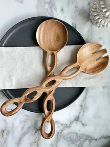 Salt & York Salad Tongs Serving Tongs Salad Servers Wood Salad Tongs Salad Spoon and Fork Set Long Handle Salad Server Set for Mixing, Tossing Tableware, Wooden, Cute Kitchen Accessories