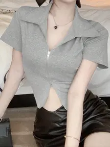 Women's Solid Color Half Zip Up Crop Tee, Casual Short Sleeve Collared T-Shirt for Summer, Ladies Clothes for Daily Wear, Top