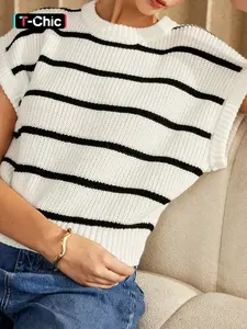Women's Striped Print Short Sleeve Jumper, Casual Round Neck  Top for Summer, Fashion Women's Knitwear for Daily Wear