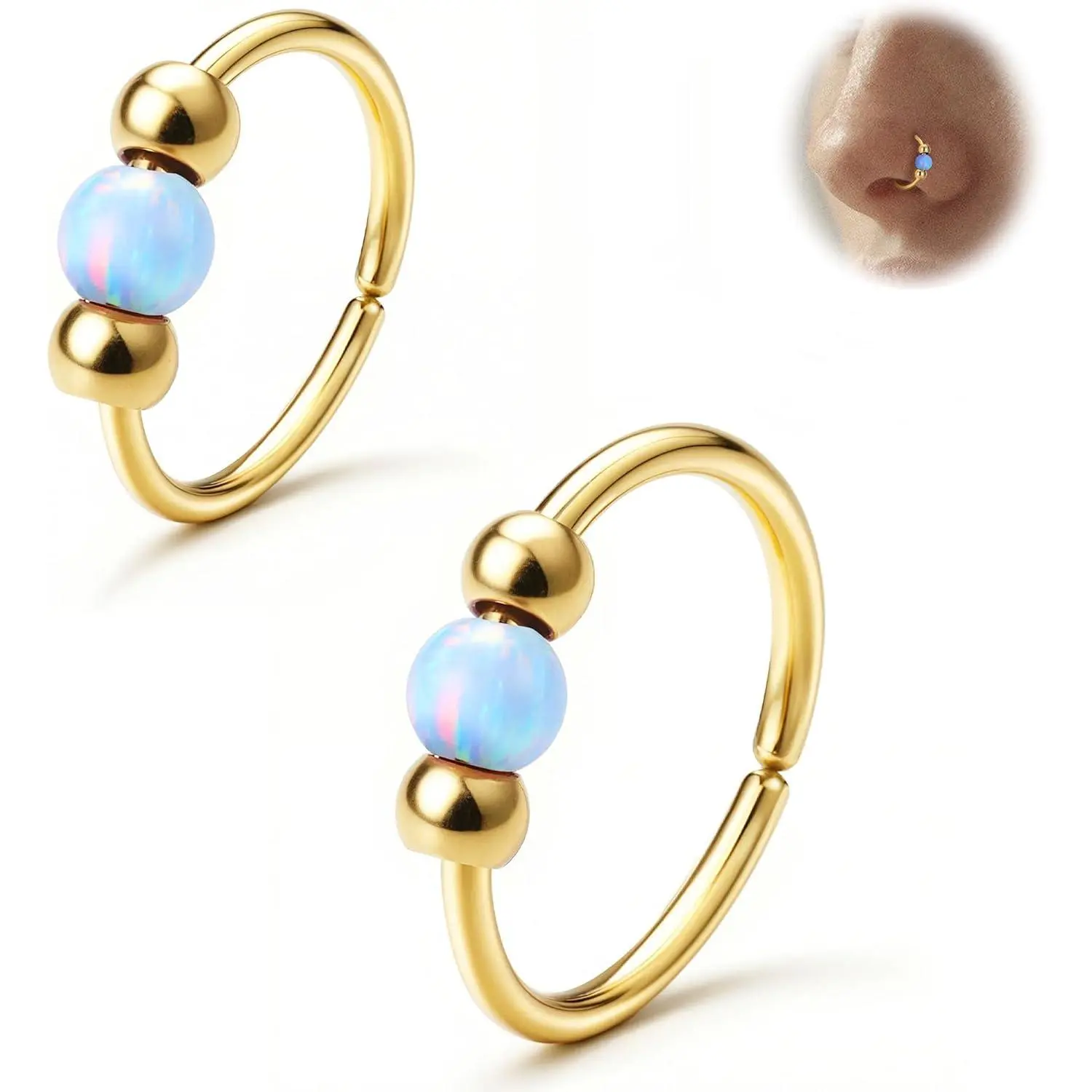 8mm 10mm Opal Nose Rings Hoops 316 Surgical Steel Nose Piercing Jewelry Pink Purple Blue White Green Red 18K Gold Silver 18G/20G