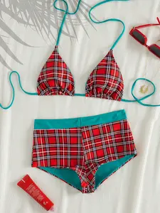 Women's swimsuits, color blocked bikinis, Swim Bodysuit Set, sexy and fashionable women's shorts, Christmas checkered printed sexy style women's Y2k, 2000s, Y2k clothing beach wear women, retro Halloween costumes Trages De Ba ñ o Mujeres