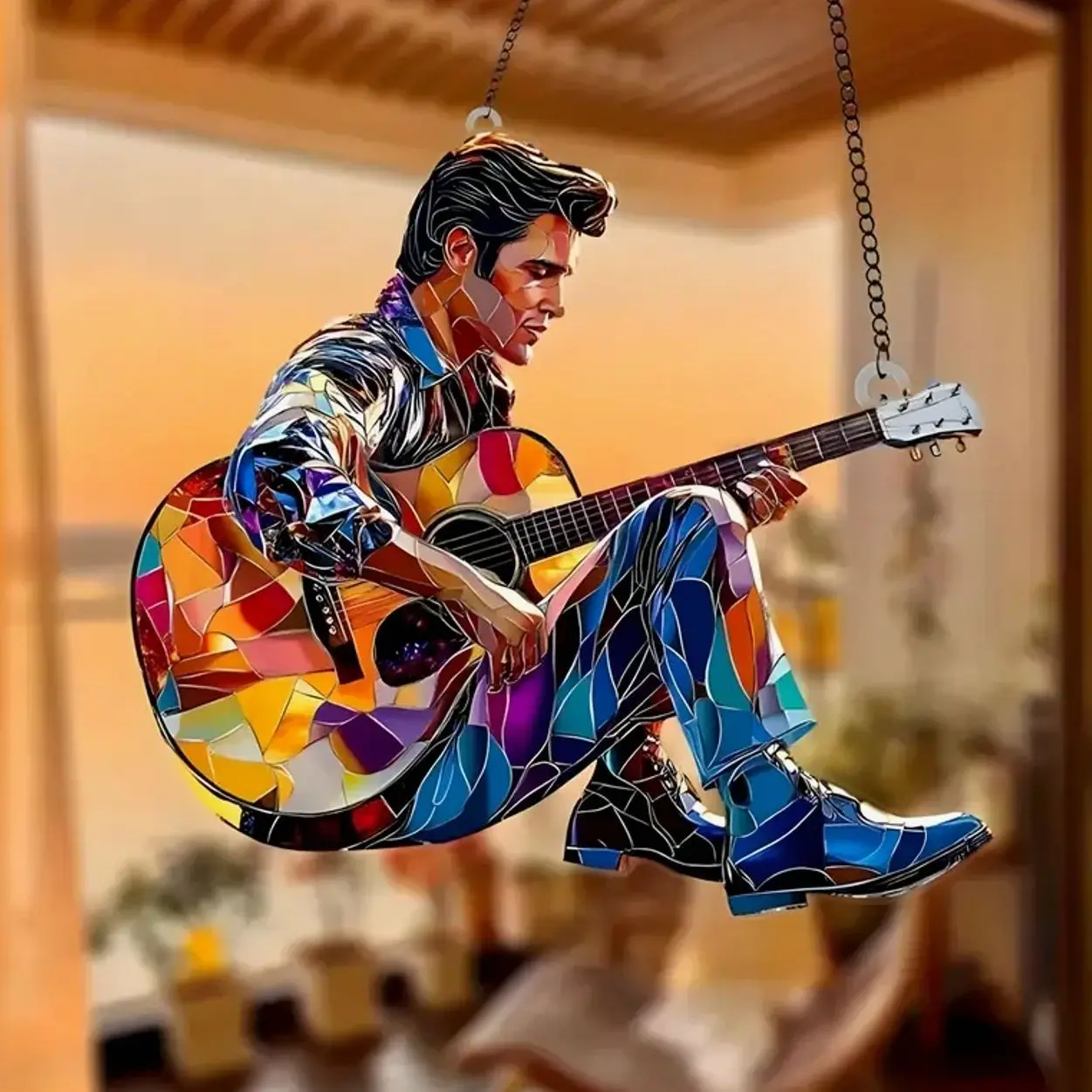 Elvis Presley Playing Guitar Acrylic Suncatcher Ornament - Faux Stained Glass Style Hangable Minimalist Home Decor, Rock 'n' Roll Music Lover Room Decor Gift