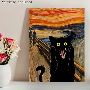 Frameless Fun Screaming Cat Canvas Painting, Simple Poster, Unique Creative Wall Decor, Waterproof Print Art, Perfect Gift & Home Decoration