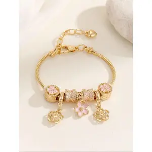Women Gold Tone Fishtail Chain Bracelet with Flower & Heart Rhinestone Decor, Trendy One Size Fashion Jewelry Perfect for Daily Wear, Party Accessory and Birthday Gift