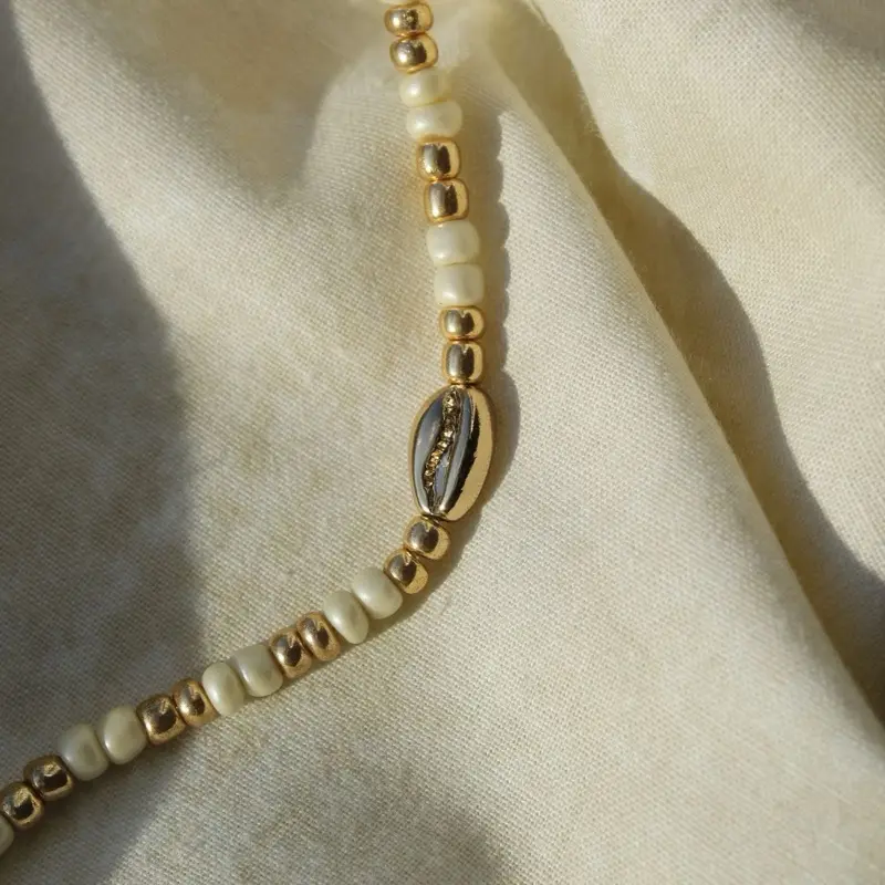 White Seed Bead Gold Cowrie Shell Bracelet Handmade Coastal Jewelry Beach Gift for Her Elegant Coastal Design