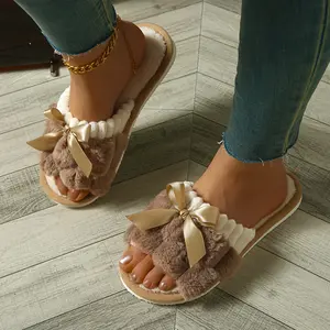 Women's Plush Four-Season Open-Toe Slippers with Bow, Indoor Home Comfortable Cute Quiet Floor Slippers, Women Shoes