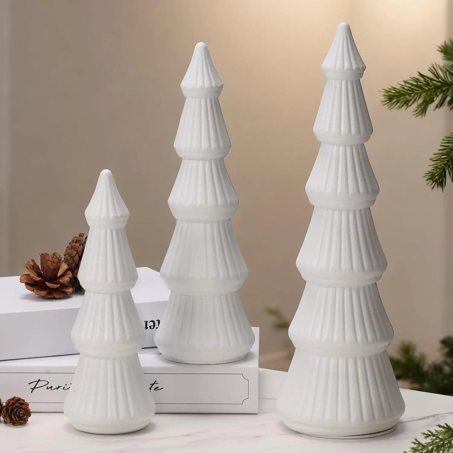 3 Pcs Wooden Tabletop Xmas Tree Figurine Christmas Centerpiece Decor for Home Entryway Mantel Shelf Table Fireplace Holiday White-Wood