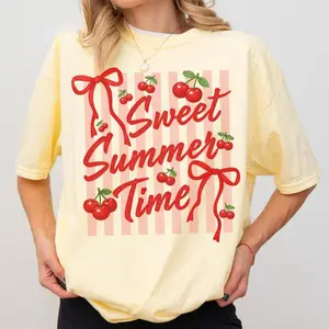 Sweet Summer Time Cherry Comfy Shirt, Retro Bow Graphic Tee, Striped Summer Top Casual Women Tshirt