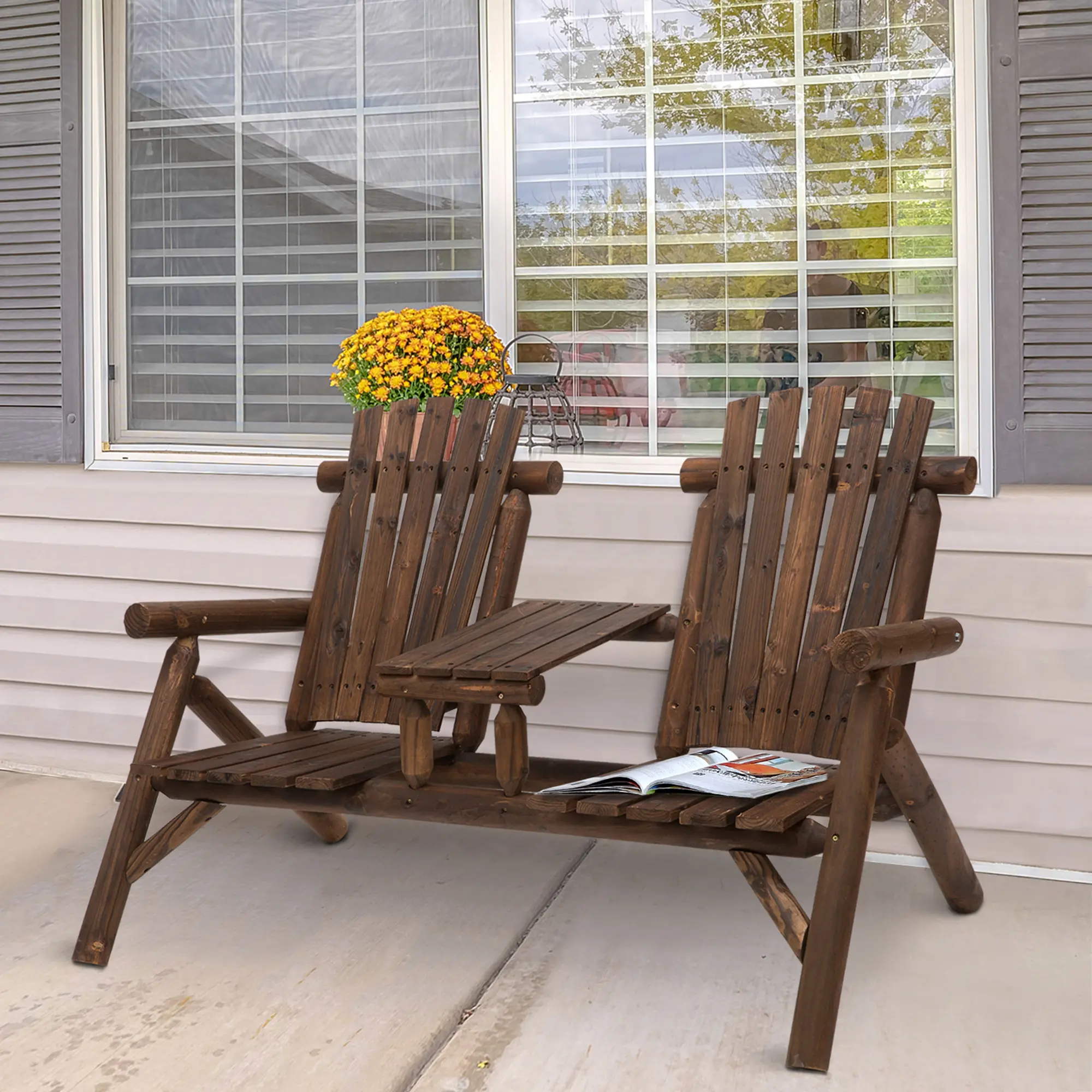 Outsunny 2-Seat Wooden Adirondack Chair, Patio Bench with Table, Outdoor Loveseat Fire Pit Chair for Porch, Backyard, Deck, Patio Seating, Adirondack Chairs