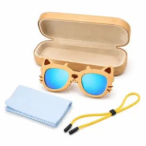 Kids Cat Sunglasses, Cute Bamboo Wood Frame UV Protection Sunglasses for Boys and Girls, Lightweight Outdoor Beach Travel Eyewear