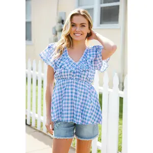Hello Beautiful Blue Plaid V Neck Ruffle Elastic Babydoll Top