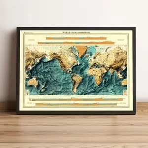 World Bathymetrical Map, World 2D Relief Map, World Vintage Map - Unframe