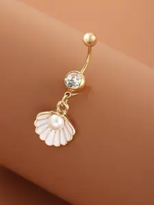 Seashell Pearl Dangle Belly Button Ring, Surgical Steel Navel Piercing Jewelry for Women, Casual Beach Summer Style