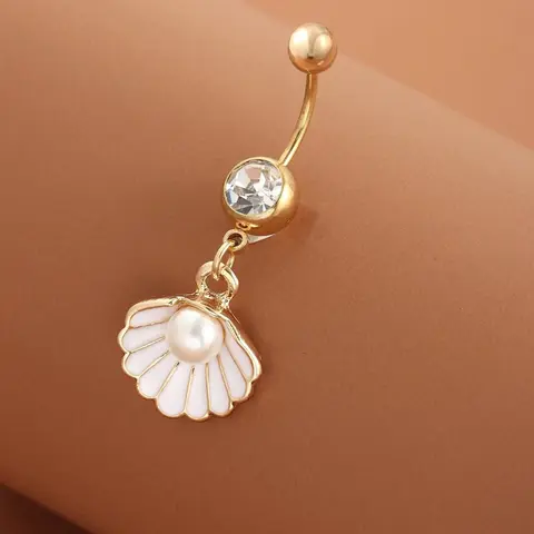 Seashell Pearl Dangle Belly Button Ring, Surgical Steel Navel Piercing Jewelry for Women, Body Piercing Jewelry, Body Jewellery, Casual Beach Summer Style