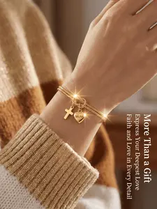 Women's Engraved MUM Faith Heart Charm & Cross Double Layer Snake Chain Bracelet, 18 Karat Plated Hypoallergenic Stainless Steel, Adjustable Elegant Jewelry with Gift Box, Mother's Day Gift