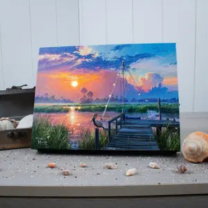 Inlet Solitude 8x6 Lighted Tabletop Canvas by Abraham Hunter Serene Dock Scene with Sailboat and Pelican Fiber Optic LED Artwork for Coastal Decor