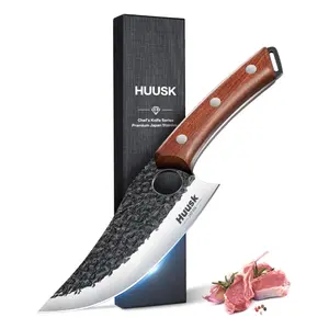 Huusk Viking Knife, Japanese Butcher Knife for Meat Cutting, Hand Forged Boning Knife with Ergonomic Wood Handle, High Carbon Steel Japanese Chef Knife for Camping, Outdoor, BBQ, Birthday Gift for Men